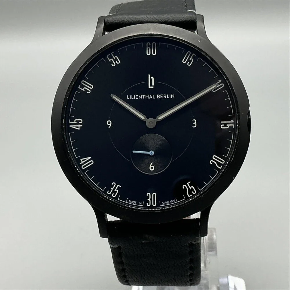 Lilienthal Berlin L1 All Black Mens Watch 42mm Black Dial Leather New Battery